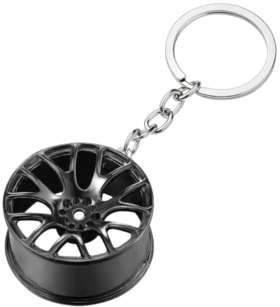 JNNJ Schlüsselanhänger Autofelge Tuning, Personalisierte Chrom Tuner Alu Felgen Radnabe Schlüsselanhänger Mit O-Ring Kreatives Autozubehör Für Autoliebhaber(Schwarz)