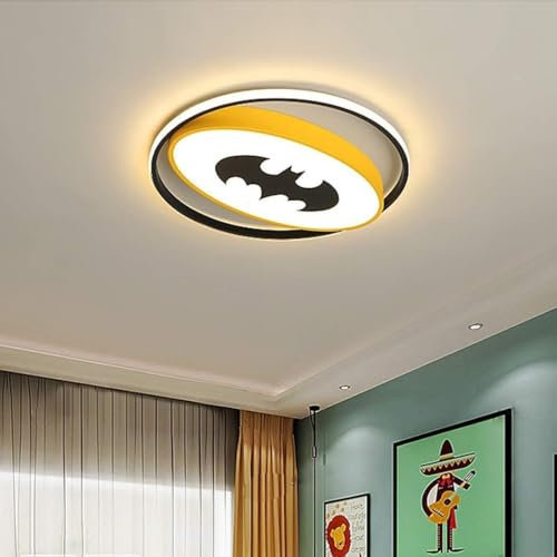 ZHFZKKL Plafonnier LED Blanc pour Chambre d'enfant dimmable 3 Couleurs Chambre à Coucher Dessin animé Jaune plafonnier Moderne Batman Design Rond créatif Lustre décoratif pour Bureau Salon Chambre de