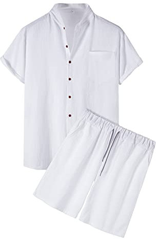 XIAOYUER Ensemble 2 pièces en lin pour homme - Couleur unie - Manches courtes - Chemise et short de plage - Pantalon court - Pour les vacances, la plage, le quotidien, 010-blanc, M