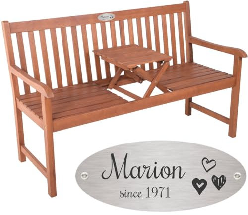 Sterngraf Bank zum Geburtstag mit Gravur zB. 3 Herzen (Name/Spruch), Klapptisch Gartenbank Padang 142cm, Edelstahlschild personalisiert, Geschenkidee zum Jubiläum