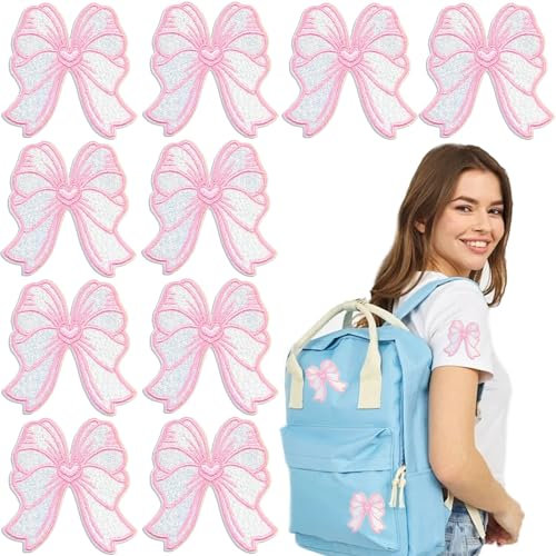 KuuGuu 10 PCS Pink Bow Patches Medium Sweet Cute Appliques Ribbon Bow Iron on Patches Embroidery for DIY Hats Bags Jeans Jackets Bags Backpacks Hats Shoes Valentine Christmas Decoration Accessories