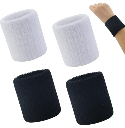 4 Pcs Bracelet Poignet Absorbant de Sport pour Homme & Femme Serre Poignet Noir et Blanc, pour la Gym, Le Tennis ou la Course à Pied - Brassard Éponge Absorbant