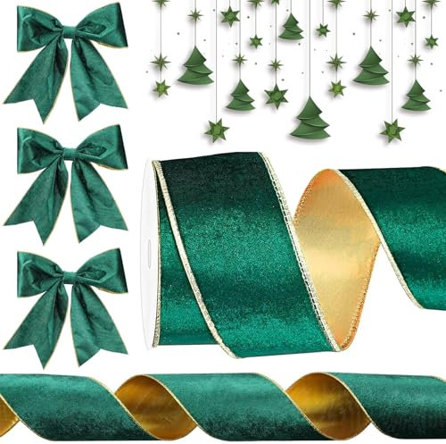 Christmas Ribbon, Christmas Decorations, 9.1m Soft Velvet Ribbons 63mm Xmas Tree Ribbon for Xmas Crafts, Gift Wrapping, Wreath, Top Bows, Sewing Xmas Tree Decorations (Green)
