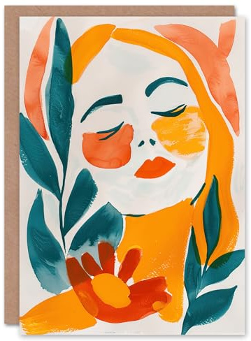 Artery8 Greeting Card Abstract Floral Female Portrait Orange Teal Boho Blank For Him Or Her Art Birthday Card