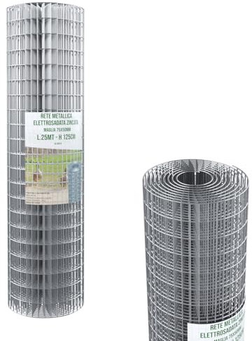 Rotolo di Rete Metallica Zincata Elettrosaldata Rigida 25 m – Maglia 75x50 mm per Recinzioni, Giardini, Orti e Spazi Esterni (125 Cm)