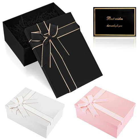NVGVUP Luxus Geschenkbox mit Deckel, Schwarze Geschenkkartons Groß mit Schleifen Grußkarten Raffia, Falt Geschenkverpackung Box für Geburtstag, Hochzeit, Weihnachten, Jubiläum(29 x 21 x 10 cm)