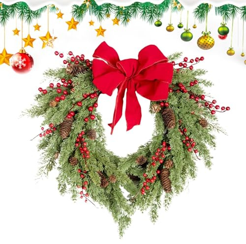 Coronas de Navidad para exteriores, corona vintage con lazo rojo, corona de pino artificial con piñas y bayas rojas, centros de mesa de vacaciones para patio, puerta delantera, decoración navideña