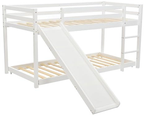 Loft Bed with Slide, Wood Frame Bunk Bed Set with Adjustable Ladder and Rolling Trundle Bed, Pine Wood Slats Support, Space-Saving Design, 207x215x110cm Maximum Weight Capacity 100KG (White)