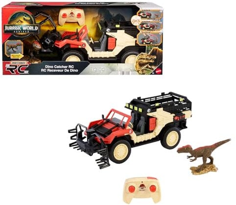 Mattel Jurassic World: El Renacer Matchbox RC Cazadinosaurios teledirigido Camión de juguete teledirigido a pilas con figura de dinosaurio y jaula de captura para transportar al dinosaurio, JHB67