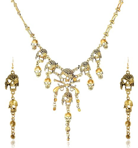 Scinzene 2 Stück Halskette Piraten Schädel Quaste Charm Kragen Lätzchen Für Frauen Horror Halskette Punk Piratenkostüm Damen, Pirate Accessories, Piratenkostüm (Gold)
