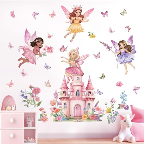 wondever Wandtattoo Fee Blumen Schloss Wandaufkleber Blüten Rosa Elfen Schmetterlinge Wandsticker Wanddeko für Kinderzimmer Mädchen Babyzimmer Schlafzimmer