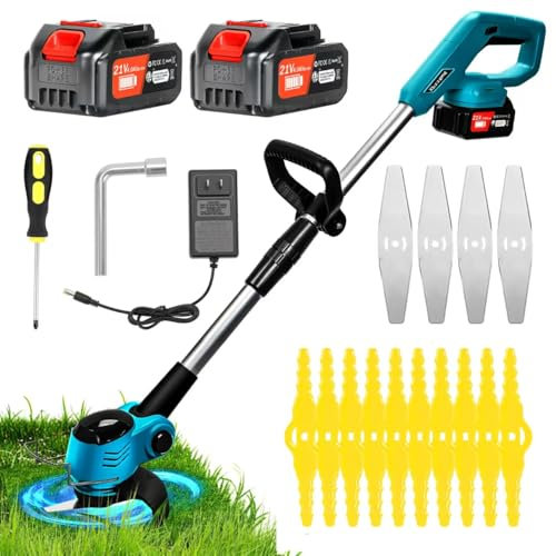 Debroussailleuse Electrique sans Fil, 21 V Coupe Bordure sans Fil avec Batterie 4.0 Ah et 2 Types de Lames, Débroussailleuses Electrique légère et Silencieuse pour Jardins, Pelouses et Arbustes