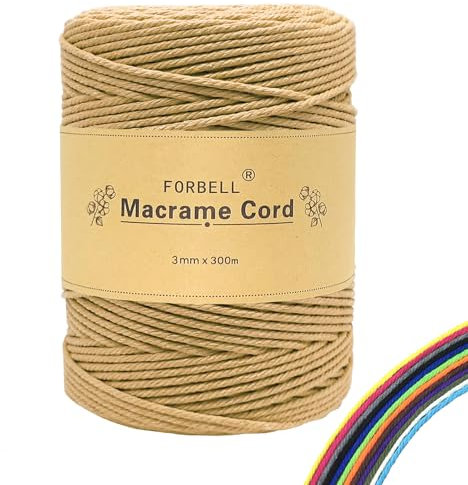 FORBELL Makramee Garn, 2mm x 300m Premium Baumwollgarn, DIY Handwerk (Hellbraun, 3 mm x 300 M)