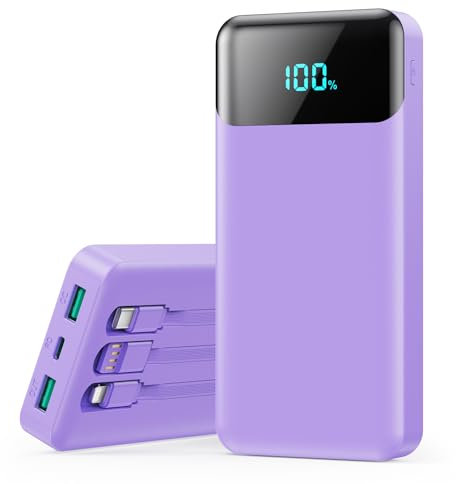 Power Bank 26800mAh, Powerbank con Cavi Integrati 25W PD Ricarica Rapida Caricatore USB C Portatile con 5 Uscite & 2 Ingressi Batteria Esterna con LCD Display per iPhone 16/15, Samsung ect
