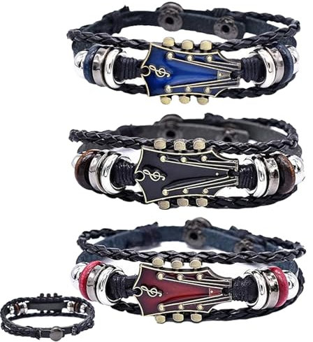 3 PcsLeather Wristbands for Menss,Black Leather Bracelet for Men,Men's Bracelets punk Musical,Retro Cuff Guitar BraceletWomen,Adjustable Braided Mens Leather Bracelets,Mens Bracelet Wristband Musical