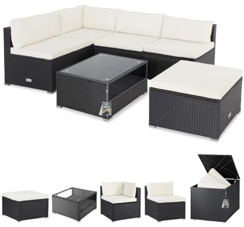 Casaria® Gartenmöbel Set Lounge inkl. Auflagenbox 318L Outdoor mit Tisch Auflagen Sitzgruppe Wetterfest Polyrattan Terrasse Garten Balkonmöbel Schwarz Creme