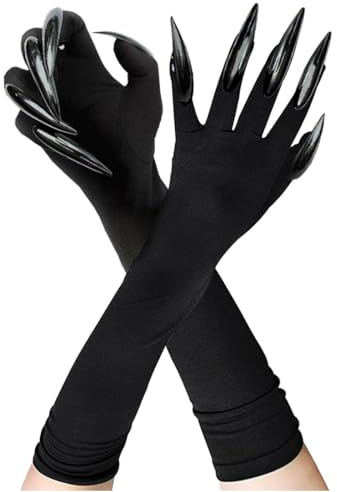 Teegxddy 1 Paar Halloween Lange Schwarz Fingernägel Handschuh,Party Kostüm,Geisterpfote Hexe Teufel Handschuh für Halloween Cosplay Karneval