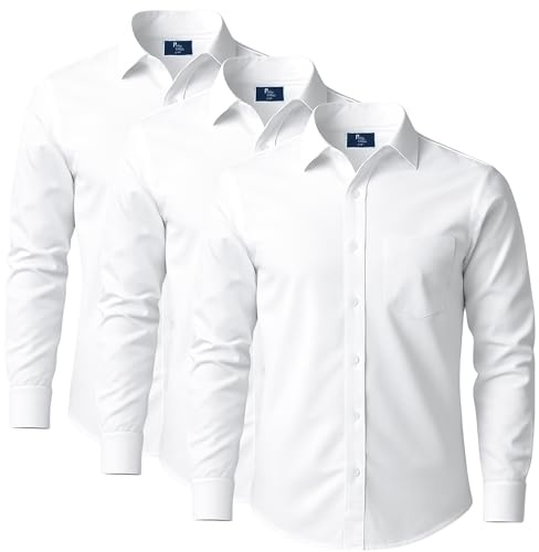 3 Pack Men’s Button Down Dress Shirt Long Sleeve Regular Fit Shirt with Pocket, Breathable Lightweight Fabric, Business, Workwear, Casualwear (UK, Alpha, XL, Regular, Regular, White)