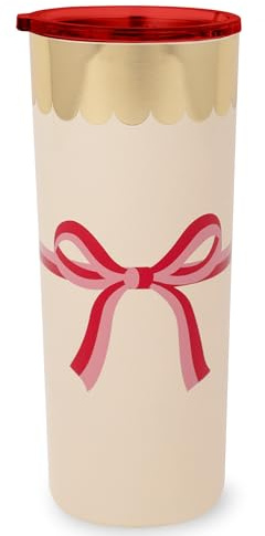 kate spade new york Festive Stainless Steel Mug, 24 Ounce Travel Tumbler, Double Wall Insulated Cup with Lid (Candy Bow)