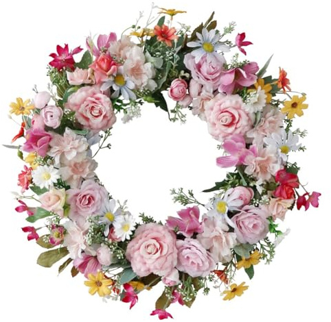 Flaroey Spring Artificial Daisy Lavender Wreath Wildflower Summer Silk Wreaths for Front Door Home Wall Wedding Festival Decor Easy Install Easy to Use