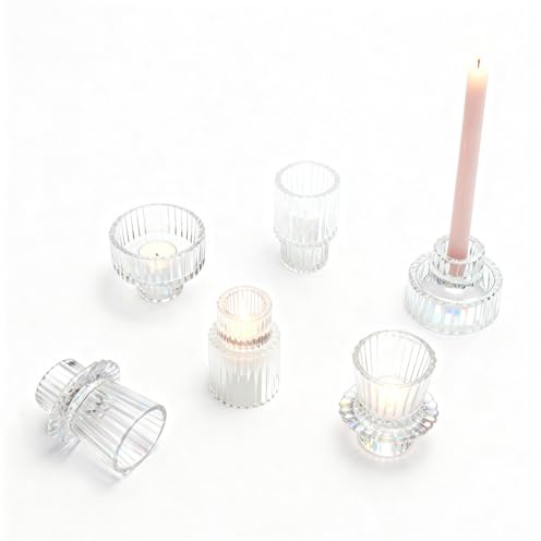 Bougeoir Transparent 2-en-1 en Verre – Porte-Bougie Moderne pour Bougies et Chandelles, Set de 6 avec 3 Designs Élégants, Décoration pour Mariage, Noël et Intérieur