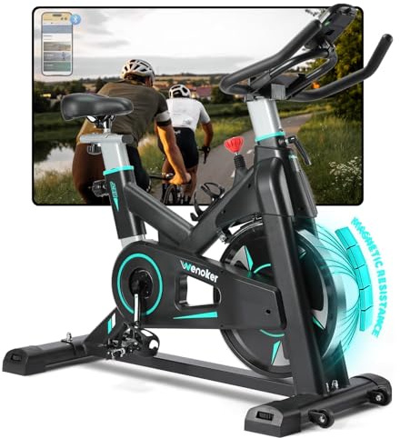WENOKER Vélo d’Appartement Connecté, Vélo Silencieux <20 dB | 160 kg, Écran LCD, Résistance Magnétique, Selle 4D, Guidon 2D, 143–192 cm