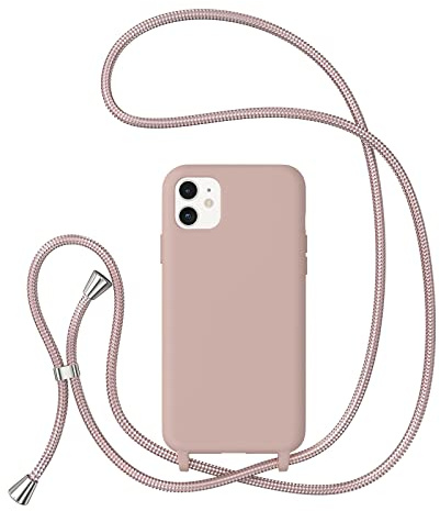 ZTOFERA Crossbody Lanyard Case for iPhone 11 (6.1), Liquid Silicone Protective Phone Case with Strap Adjustable Neck Cord Necklace Soft Cover, Pink