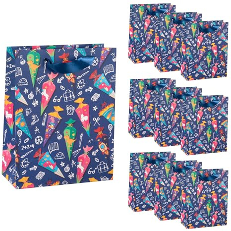 Idena 90542 - Geschenktüten Schulanfang, 10 Stück, Geschenktaschen in der Größe 18 x 23 x 8 cm, bunte Papiertüten mit Schultüten-Motiv