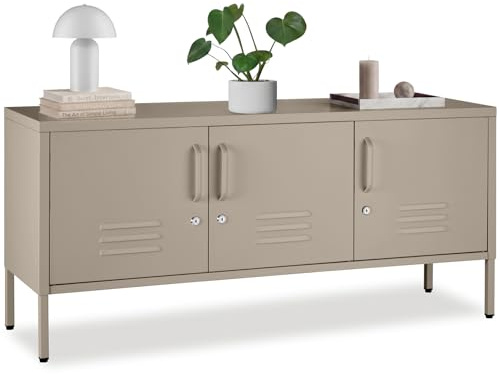 tectake® Metall Sideboard, 120x37,5x55,5cm, mit Magnetverschluss, 3 Türen abschließbar, Verstellbarer Boden, Kommode mit Kabelführung, Anrichte, Kippschutz, Aufbewahrung, Schrank, Stauraum - Taupe