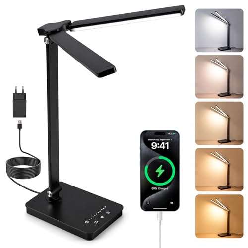 Double Tête LED Lampe Bureau, 1000LM Vif Architecte Éclairage Table avec 5 Modes Couleur & Gradation Continue, Soin Yeux CRI>90, Tactile, Mémoire, 45 Min Minuteur, Réglable Travail Liseuse