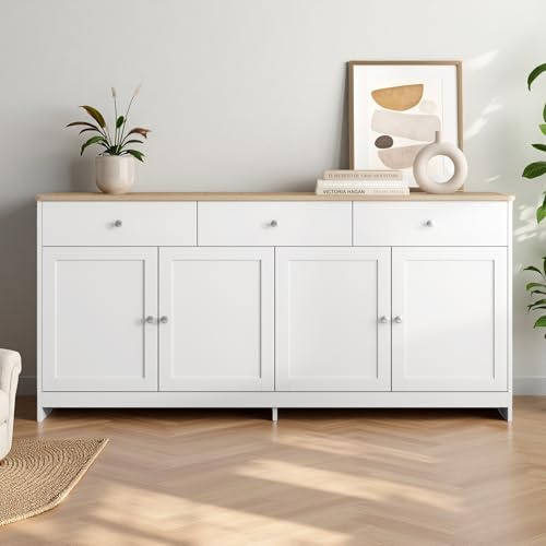 Poeahu Aparador Blanca y Madera 160 cm Mueble de Almacenamiento con 4 Puertas y 3 cajones, Mueble de Cocina, Almacenamiento bajo, Mueble aparador, Sala de Estar, Moderno, aparador, Comedor y Cocina