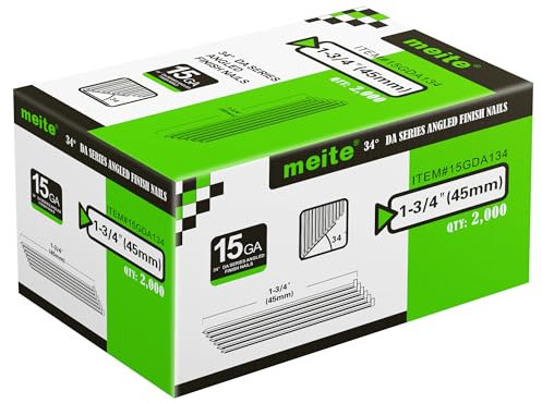 meite DA45 Type 15G/45mm Angled Finish Nails, 15 Gauge 34 Degree Galvanised Angled Finishing Nails for Nail Guns - Ideal for Woodworking, Upholstery, and Framing Projects (2,000 Counts)