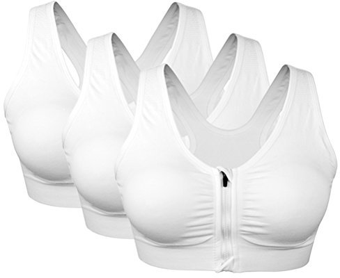 3 Pack Women's Sports Bra Zip Front Non Wired Comfy Post Surgery Bra Removable Pads (3 White, M:Fit 30C,32B,32C,34A,34B)