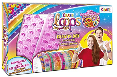 CRAZE LOOPS | Loom Bänder Kreativ Box mit 600 Gummibänder, Verschlüsse, Knüpfboards & Häkelnadel - Kinder Bastelset Halsketten, Ringe und Armbänder selber machen