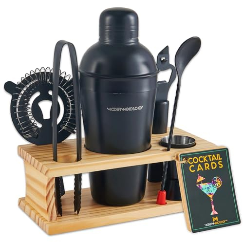 Mixology - Juego de coctelera de 8 piezas negro mate con soporte de madera de pino, tarjetas de recetas e ideas de accesorios de bar