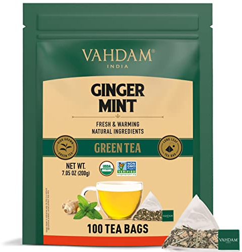 VAHDAM, Ginger Mint Green Tea Bags (100 Count) High Grown Green Tea with Raw Ginger | Low Caffeine | Non GMO, Gluten Free | Mint Tea Bags | Resealable Ziplock Pouch