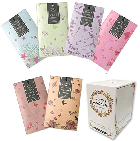 LIFFLY 14 Packungen Duftsäckchen für Schubladen und Schränke, langlebig, Duftsäckchen für Zuhause, Lavendel, Rose, Jasmin, Ozean, Vanille, Sandelholz, 6 verschiedene Duft, Geschenkbox