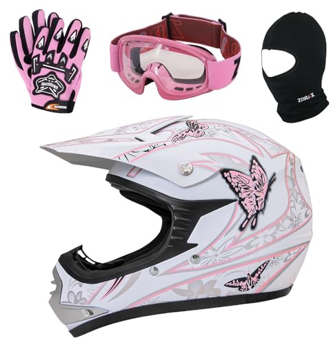 Zorax ZOR-X18 Papillon S (49-50 cm) Casque et Gants de Motocross pour Enfants S (5 cm) et Lunettes et Cagoule - Casque de Moto Hors Route ECE 2206
