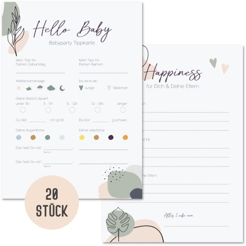 Things of Happiness 20 x Babyparty Tippkarten | Babyshower Ratespiel Karten zum Ausfüllen für Jungen & Mädchen | Spiel Gender Reveal Party | Geschenk Geburt mit Wünschen fürs Baby (Grün, Beige)