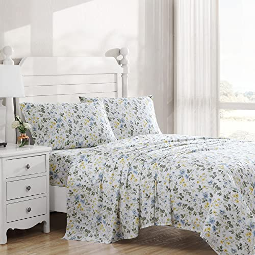 Laura Ashley Home - Set di biancheria da letto king size, in morbido rasatello di cotone, elegante, liscio e traspirante, decorazione per la casa, motivo floreale blu prato