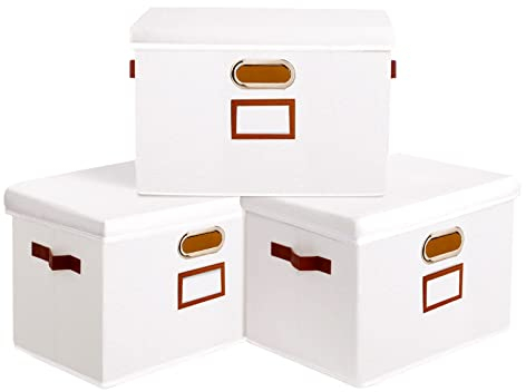 OUTBROS Storage Boxes with Lids, Storage Baskets for Shelves, Foldable Cube Organiser Box Baskets, Collapsible Fabric Bins Home Decorative Storage Box, 32 x 23 x 20 cm, White, 3-Pack