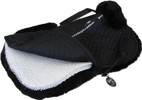 Engel Reitsport | SAKIS2K-M-SCH-SCH | Sattelkissen aus echtem Merino Lammfell | Korrektur Aufpolsterbar Keilform | mit Fellrand v&h | Stoff schwarz | Fell schwarz Grösse M 16-17,5