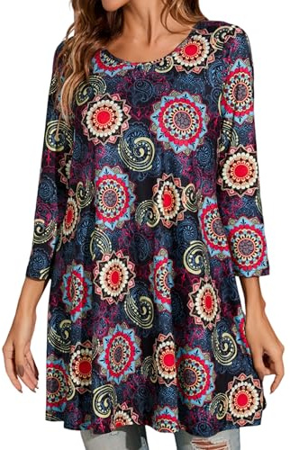 Enmain Tunic Tops for Women UK 3/4 Long Sleeve Tunics for Leggings Plus Size Round Neck Ladies Casual Loose Longline Top Black Red Blouse Dress T Shirt Paisley Patterned Swing T-Shirt 3XL