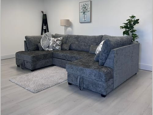 Meridian U Shape Corner Sofa Bed with Storage, 6 Seater Pull Out Bed Couch in Platinum Grey Chenille, Large Corner Sofa with Hidden Storage, Premium Convertible Sleeper Sectional (307cm x 162cm)