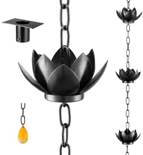 OAK LEAF Regnkedja, lotus regnfångarkedja för takrännor utomhus med adapter, regnkedjekoppar för att ersätta rännan nedåt, avleda vatten och hemdisplay, 12 koppar, justerbar, svart pulverlackerad