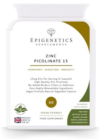 Zinc Picolinate 15 | 15mg Zinc Supplements | High Strength Mineral Supplement | 60 Vegan Friendly Capsules UK Made | 1 Capsule Daily | Long Two Month Supply