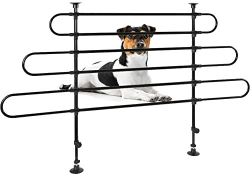 BAKAJI Rejilla divisoria de Coche para Perros Universal con Barra telescópica, Red de protección de Equipaje para Transporte de Animales, Hierro Ajustable, Barrera separadora (3 Elementos)