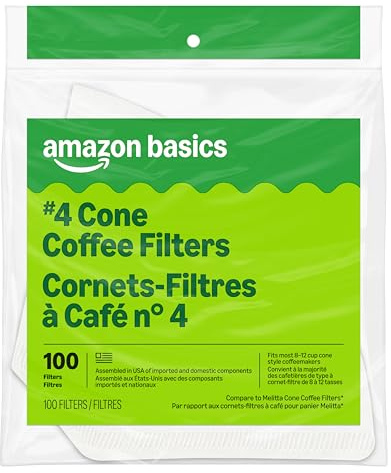 Amazon Basics Number 4 Cone Coffee Filters for 8-12 Cup Coffee Makers, White, 100 Count