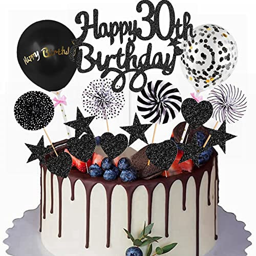 Yunchu Online Happy 30th Birthday Tortendeko Schwarz für Mann Frau - Kuchen Topper 30 Jahre Kuchendeko - Cupcake Toppers