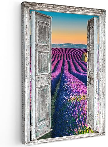 MuchoWow© Bilder Groß 80x120 cm XXL Wohnzimmer Deko Modern Wandbild Foto auf Leinwand Bild Schlafzimmer Room Decor Geschenke Lavendel - Sommer - Fensterblick - Blumen